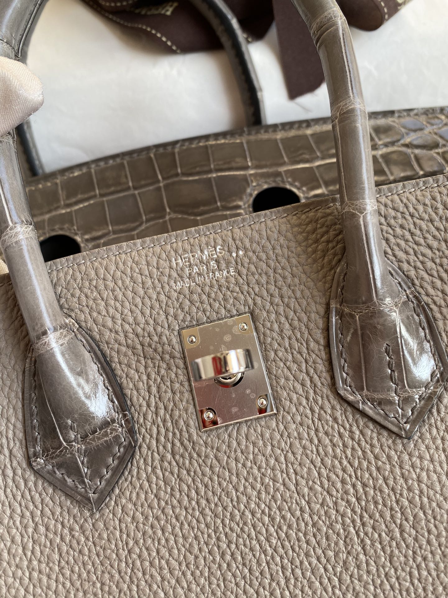 Hermes Touch Birkin 25CM Bag In Gris Mouette Togo and Shiny Niloticus Crocodile Skin